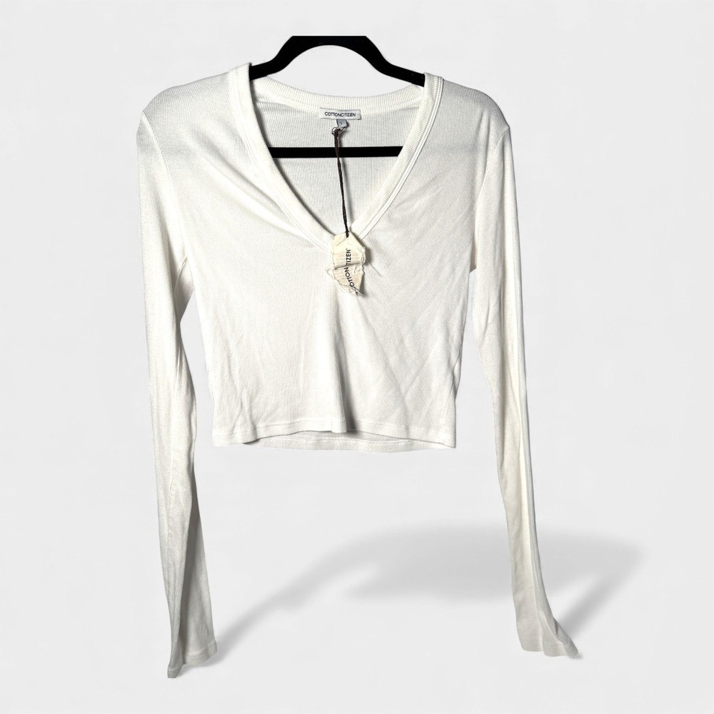 Cotton Citizen NWT Malibu Ribbed Long Sleeve V-Neck‎ Cropped Top White L